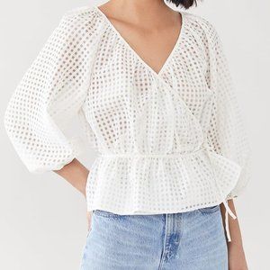 Levi’s White Delilah Wrap Top Puff Sleeve Sheer Windowpane Sugar Swizzle XS
